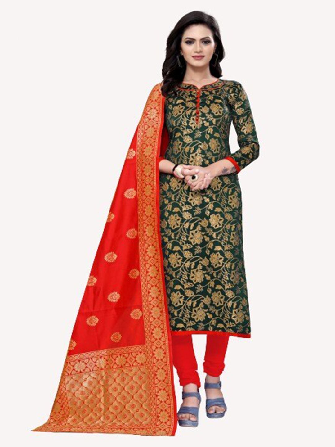 MORLY Green & Red Woven Design Dupion Silk Unstitched Dress Material Price in India