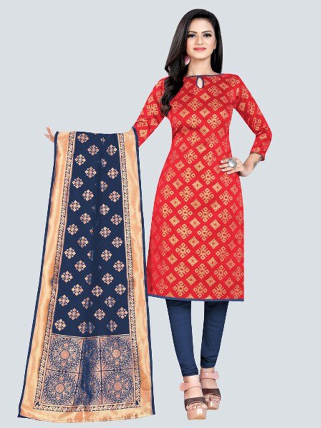 MORLY Red & Navy Blue Woven Design Dupion Silk Unstitched Dress Material Price in India