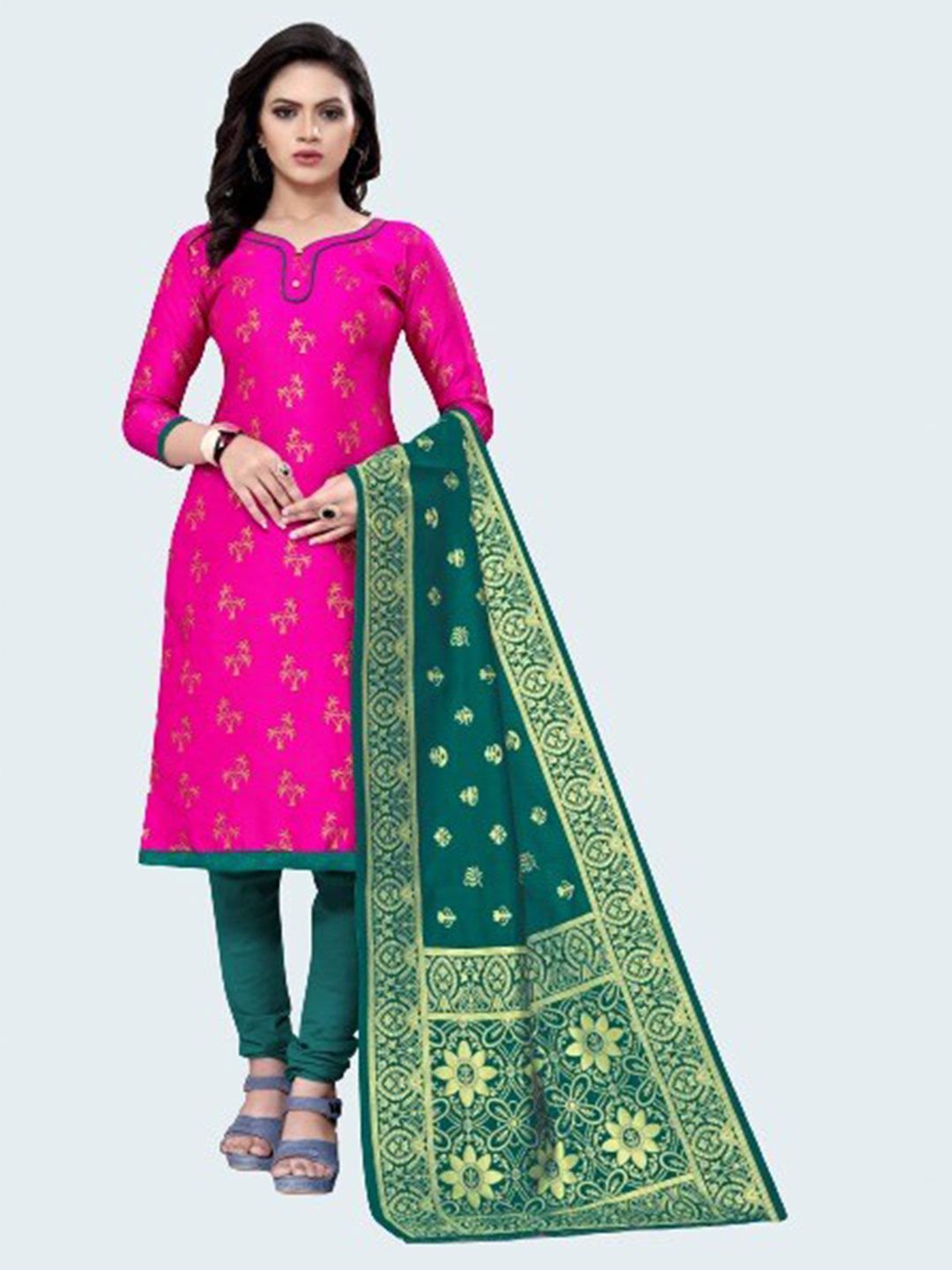 MORLY Pink & Green Woven Design Dupion Silk Unstitched Dress Material Price in India