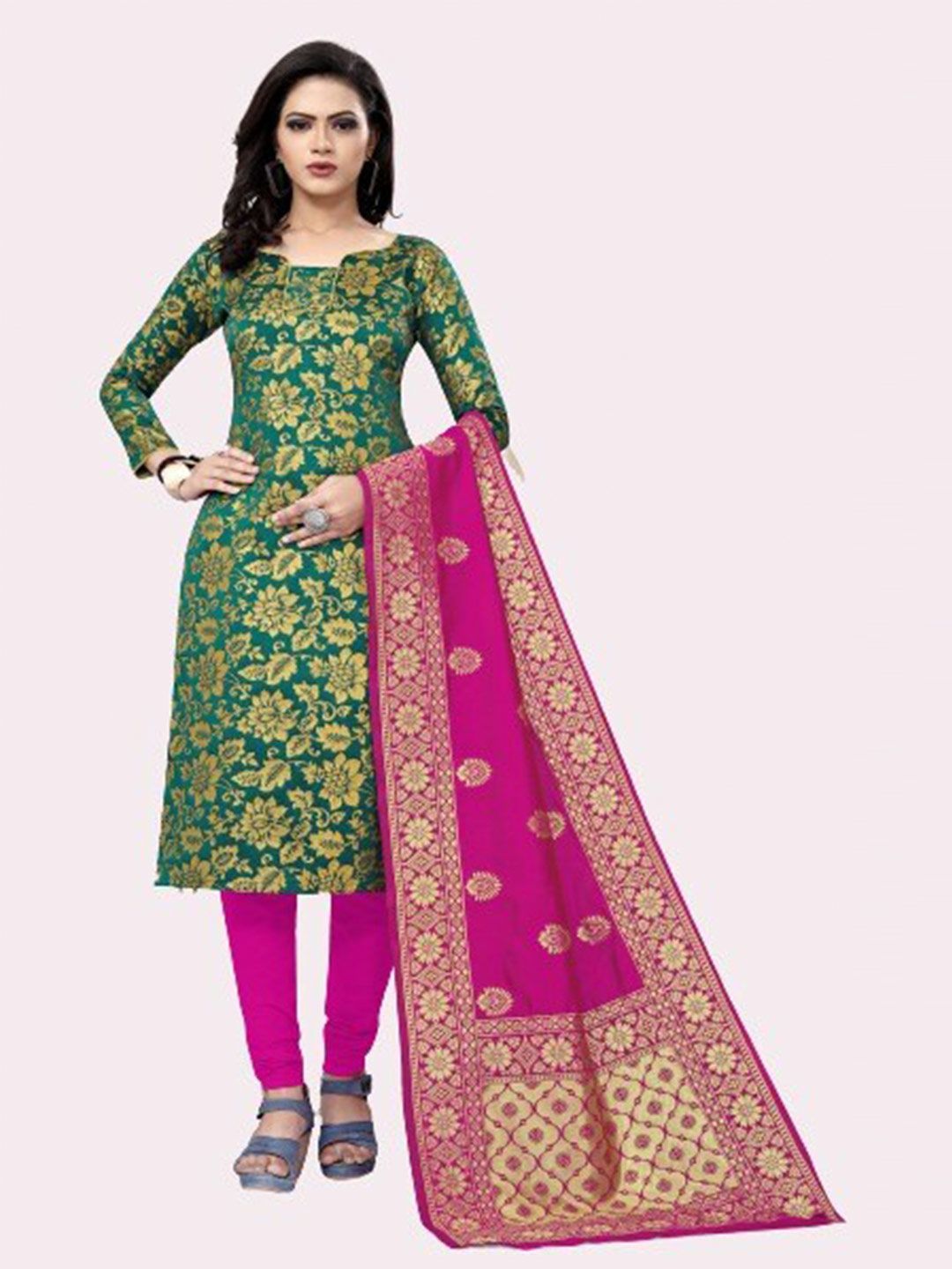 MORLY Green & Pink Woven Design Dupion Silk Unstitched Dress Material Price in India