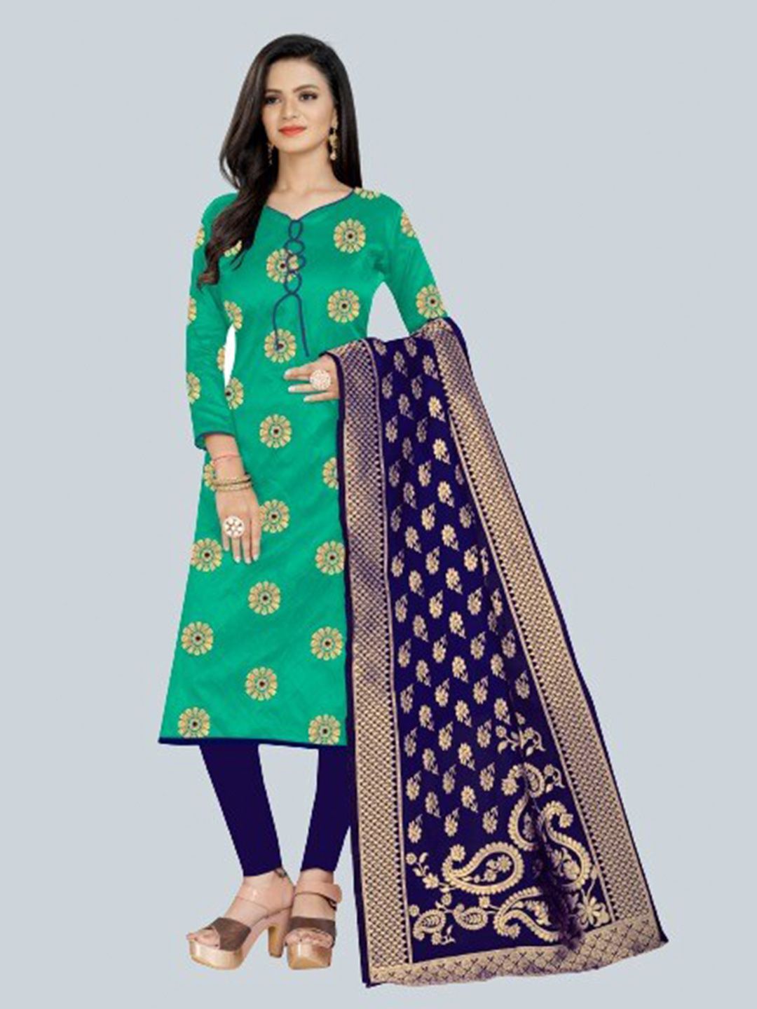 MORLY Sea Green & Navy Blue Woven Design Dupion Silk Unstitched Dress Material Price in India