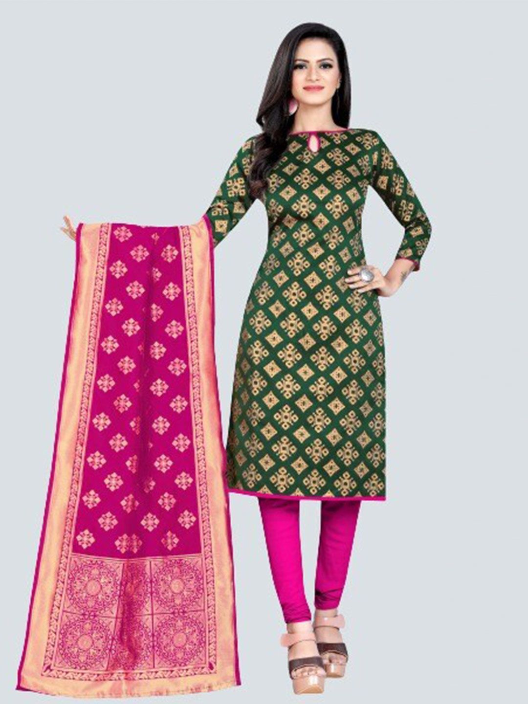 MORLY Women Green & Pink Dupion Silk Unstitched Dress Material Price in India
