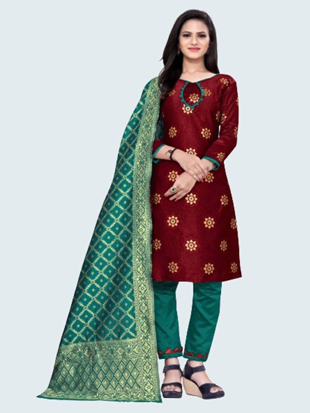 MORLY Women Maroon & Teal Dupion Silk Unstitched Dress Material Price in India