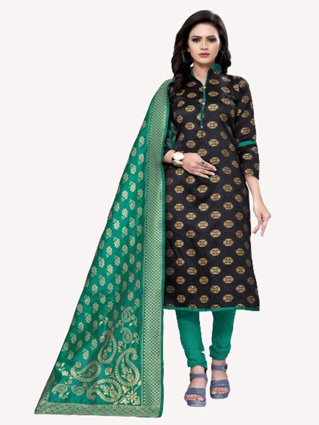 MORLY Black & Green Dupion Silk Unstitched Dress Material Price in India