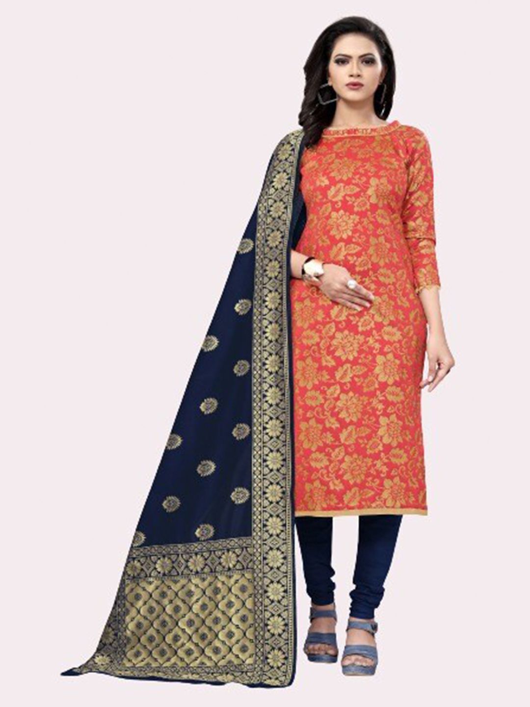 MORLY Women Peach & Navy Blue Dupion Silk Unstitched Dress Material Price in India