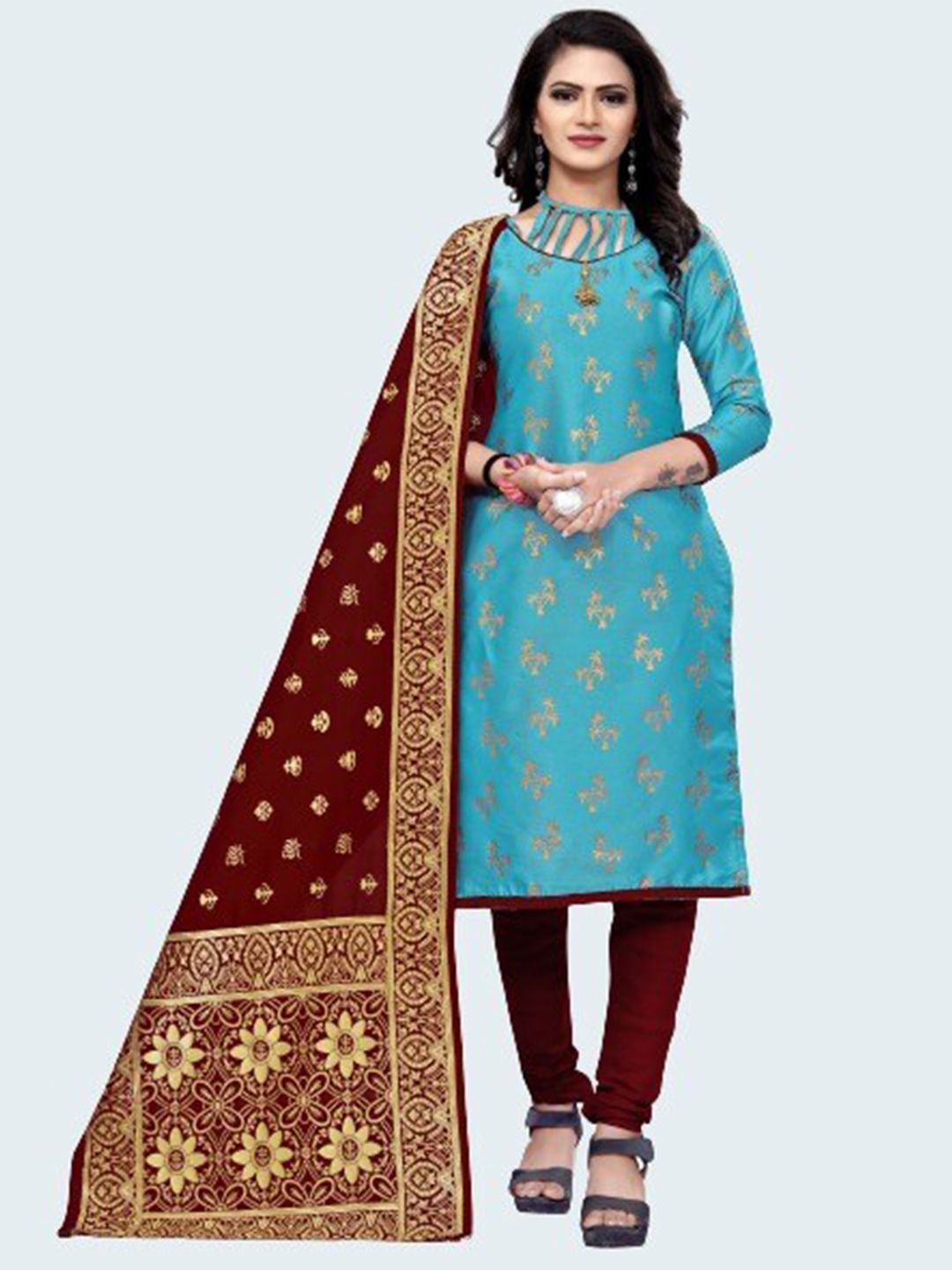 MORLY Women Turquoise Blue & Maroon Dupion Silk Unstitched Dress Material Price in India