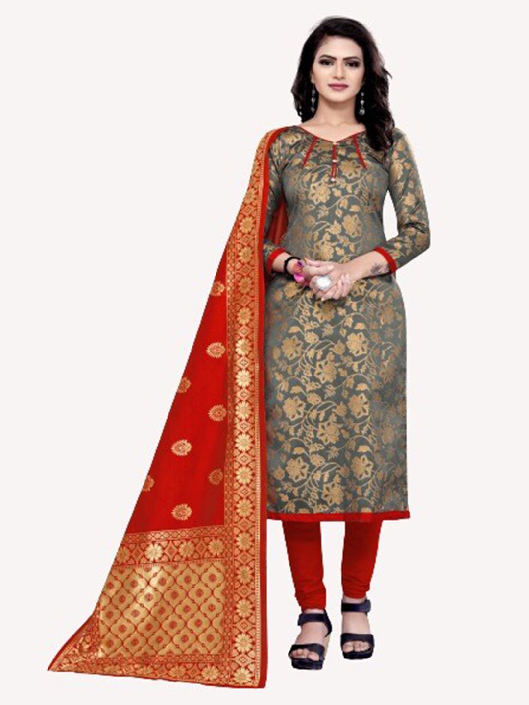 MORLY Women Grey & Red  Woven Design Unstitched Dress Material Price in India