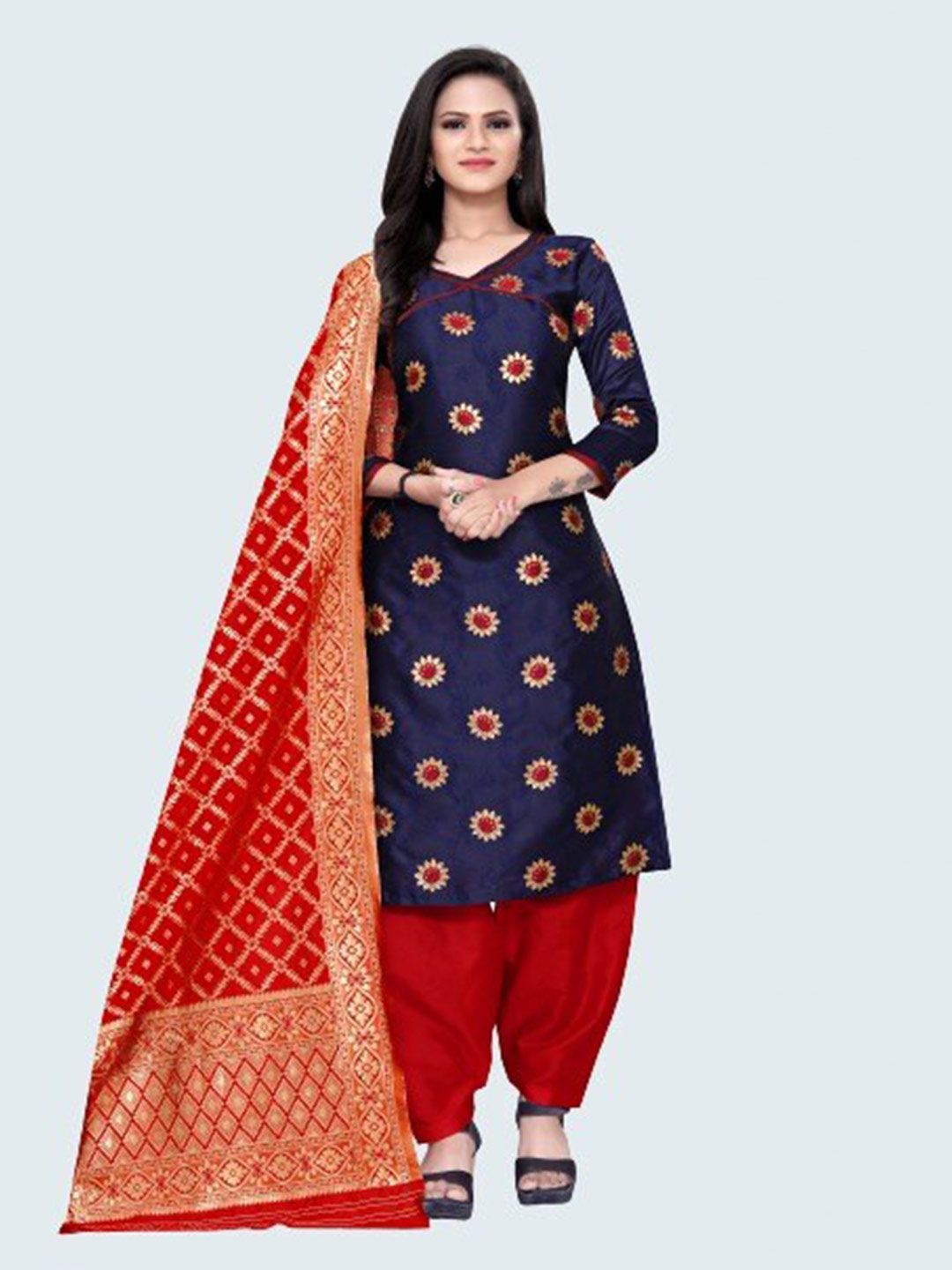 MORLY Women Blue & Red  Woven Design Unstitched Dress Material Price in India