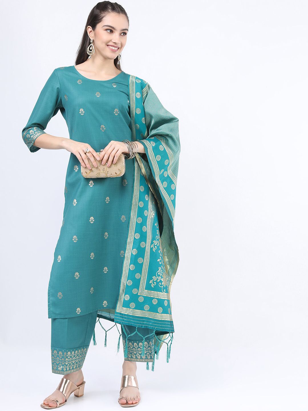 KETCH Women Green Ethnic Motifs Printed Kurti with Trousers & Dupatta Price in India