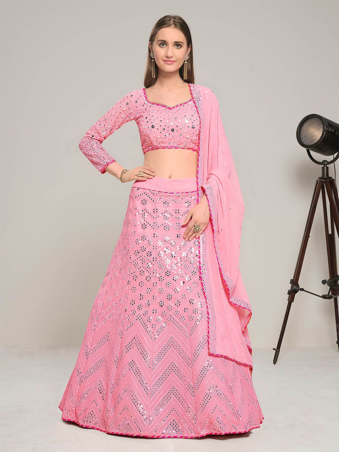 DRESSTIVE Pink & White Embroidered Sequinned Semi-Stitched Lehenga & Unstitched Blouse With Dupatta