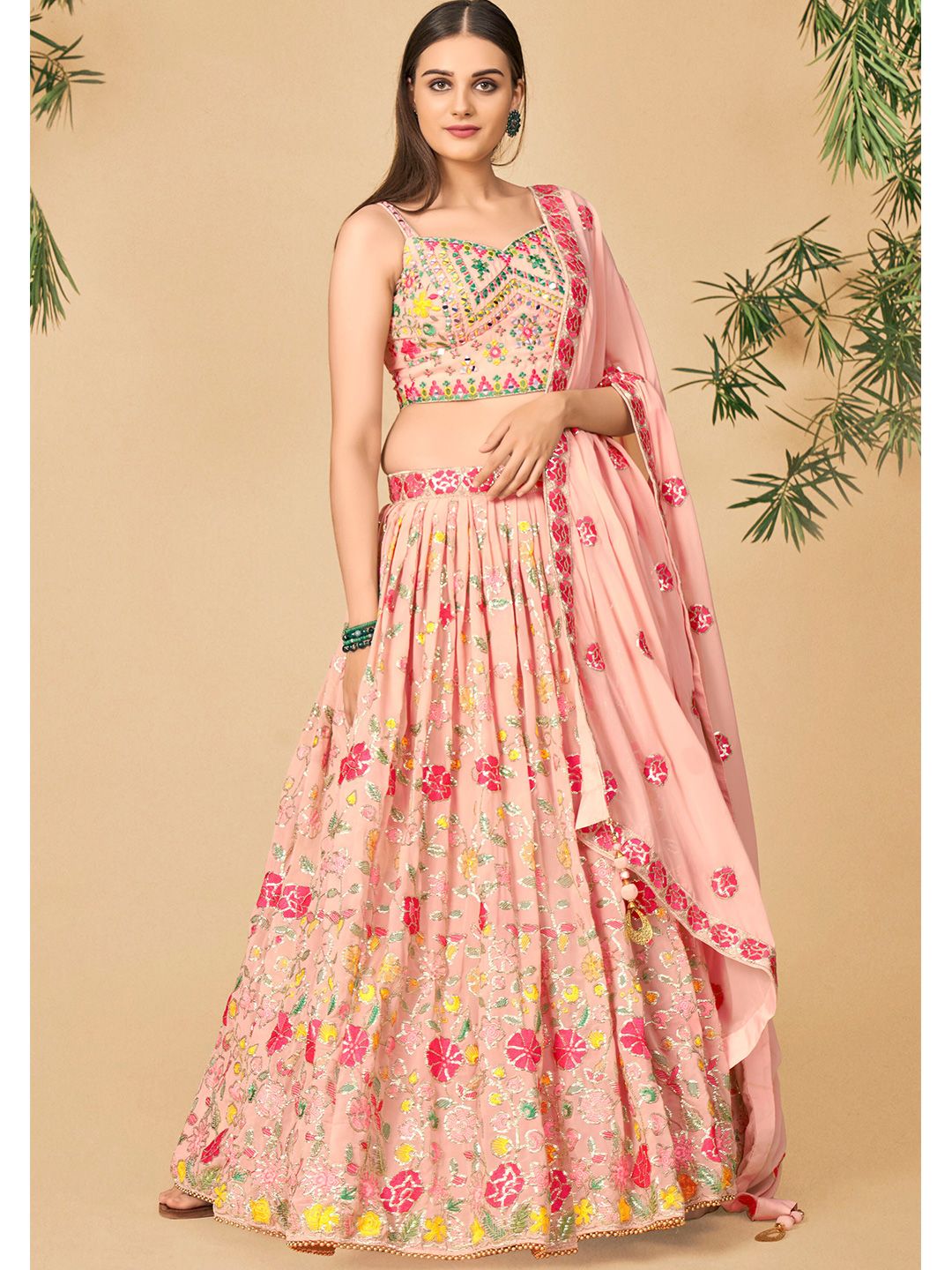 DRESSTIVE Peach-Coloured & Green Embroidered Mirror Work Ready to Wear Lehenga & Blouse With Dupatta Price in India