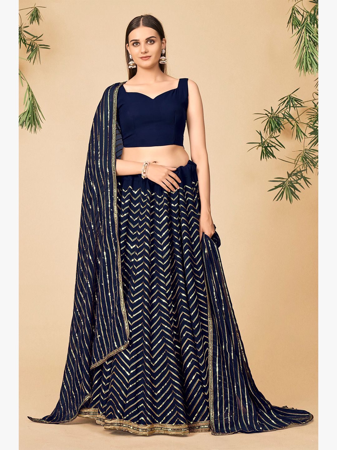 DRESSTIVE Navy Blue & Gold-Toned Sequinned Semi-Stitched Lehenga & Unstitched Blouse With Dupatta