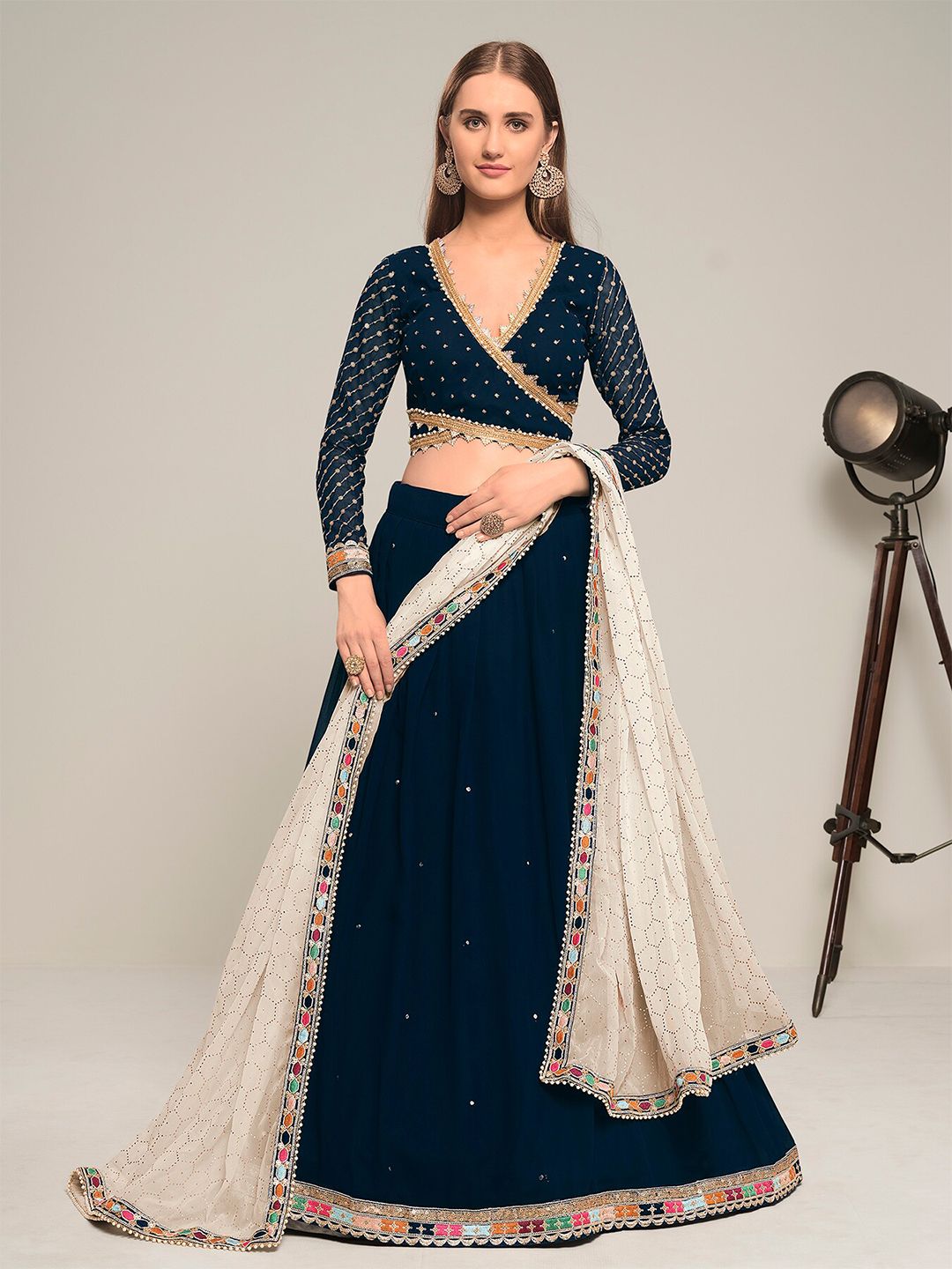 DRESSTIVE Navy Blue & Gold-Toned Embroidered Semi-Stitched Lehenga & Unstitched Blouse With Dupatta Price in India