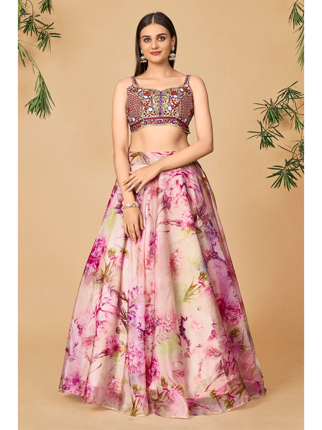 DRESSTIVE Beige & Purple Embroidered Mirror Work Ready to Wear Lehenga & Blouse With Dupatta Price in India