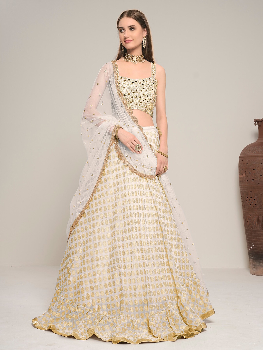DRESSTIVE White & Gold-Toned Embroidered Semi-Stitched Lehenga & Unstitched Blouse With Dupatta Price in India