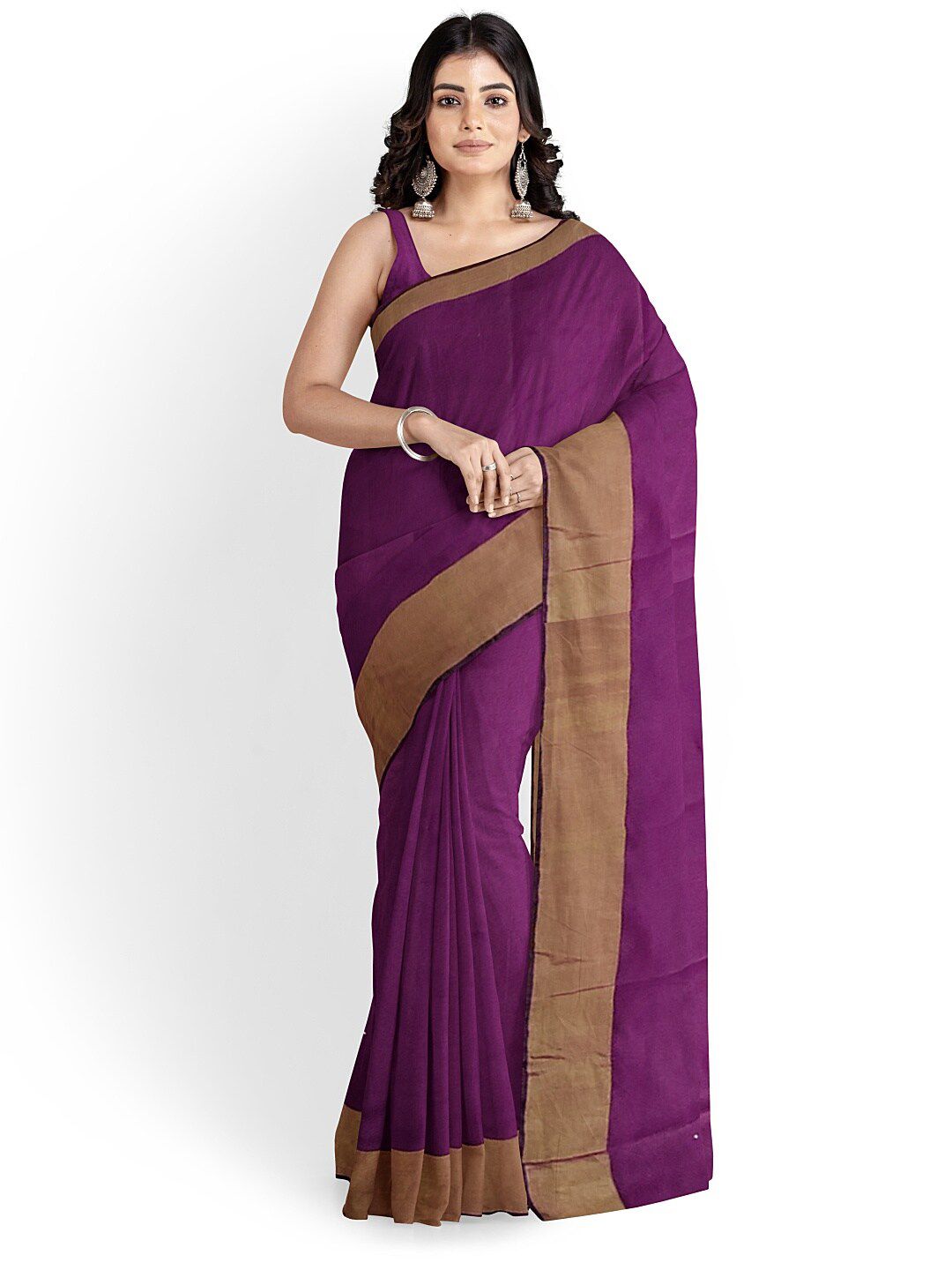 KALINI Burgundy & Brown Silk Cotton Plain Saree Price in India