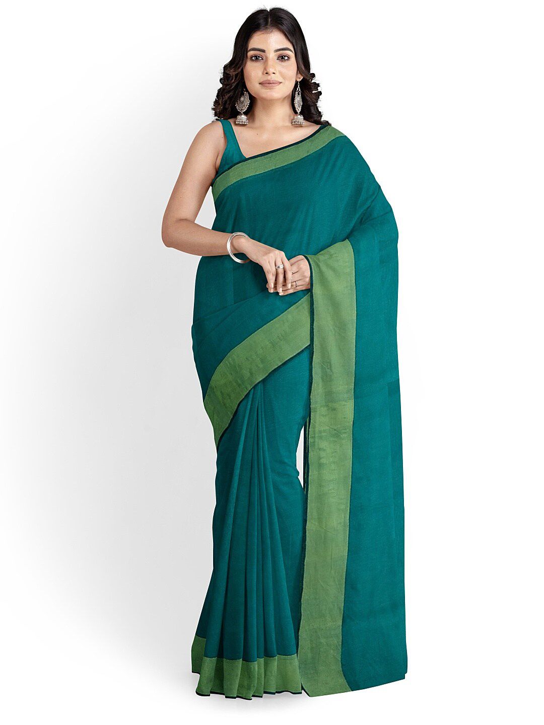 KALINI Green Silk Cotton Plain Saree Price in India