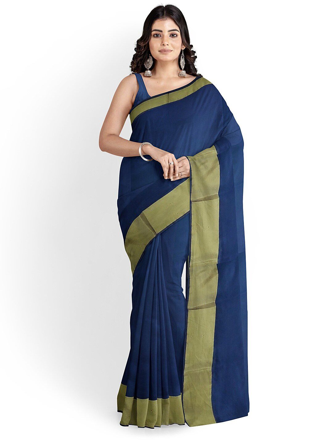 KALINI Navy Blue & Green Silk Cotton Plain Saree Price in India