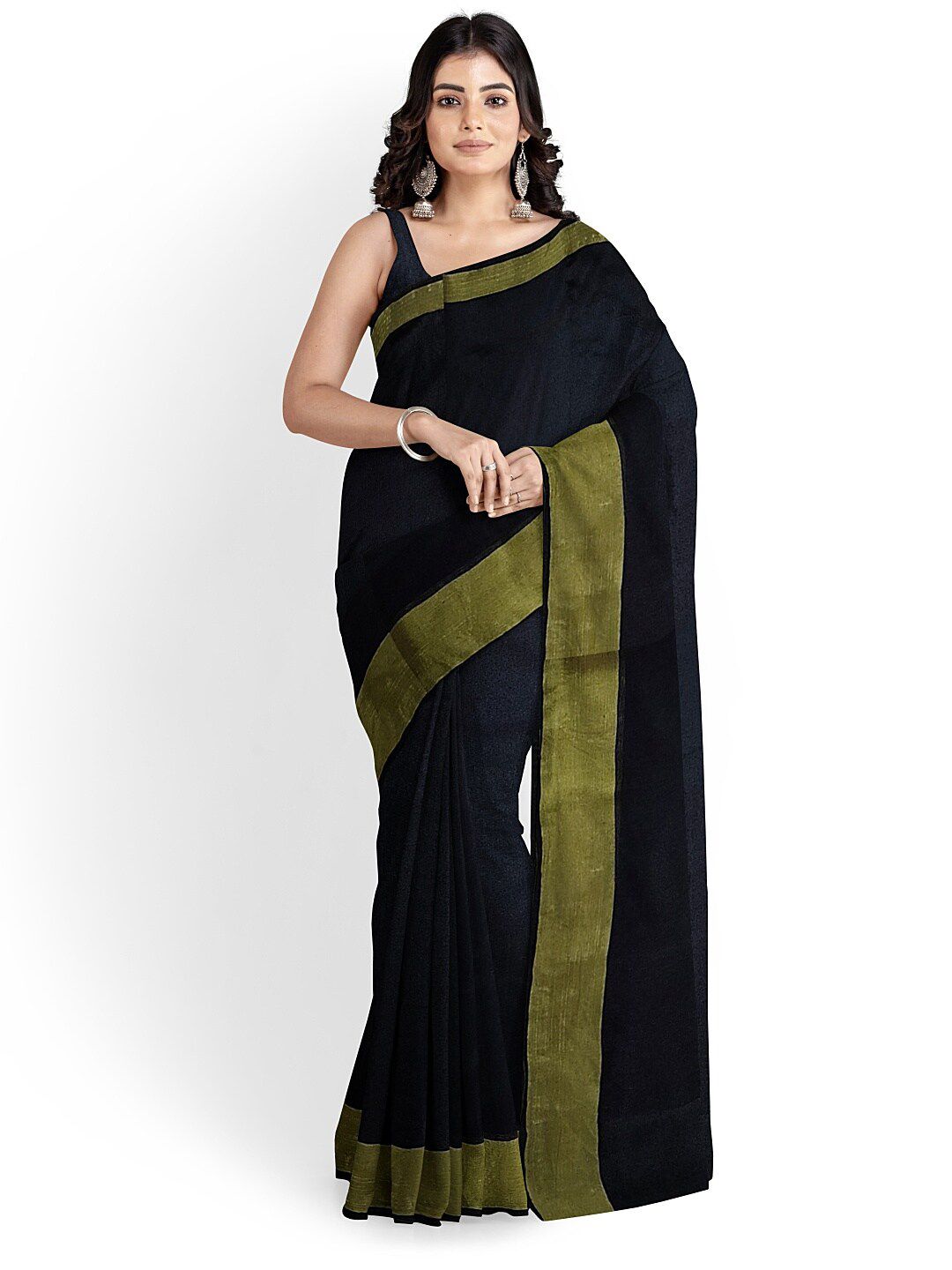 KALINI Black & Gold-Toned Silk Cotton Plain Saree Price in India