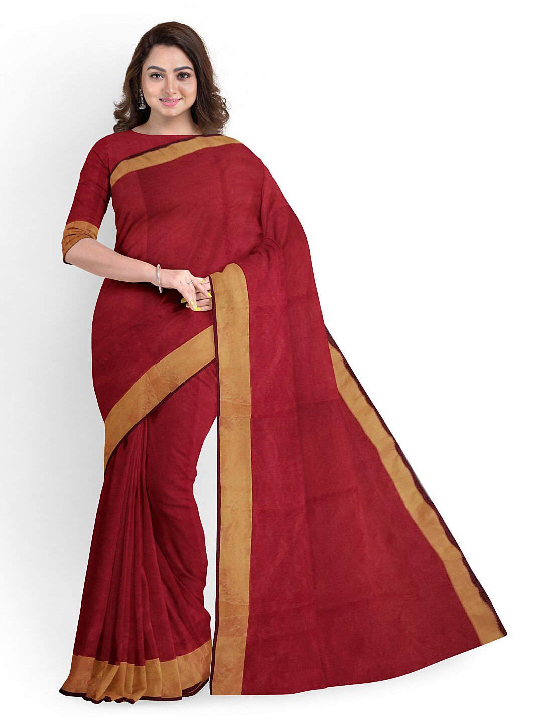 KALINI Red & Brown Silk Cotton Ready To Wear Sungudi Saree With Un-Stitched Blouse Price in India