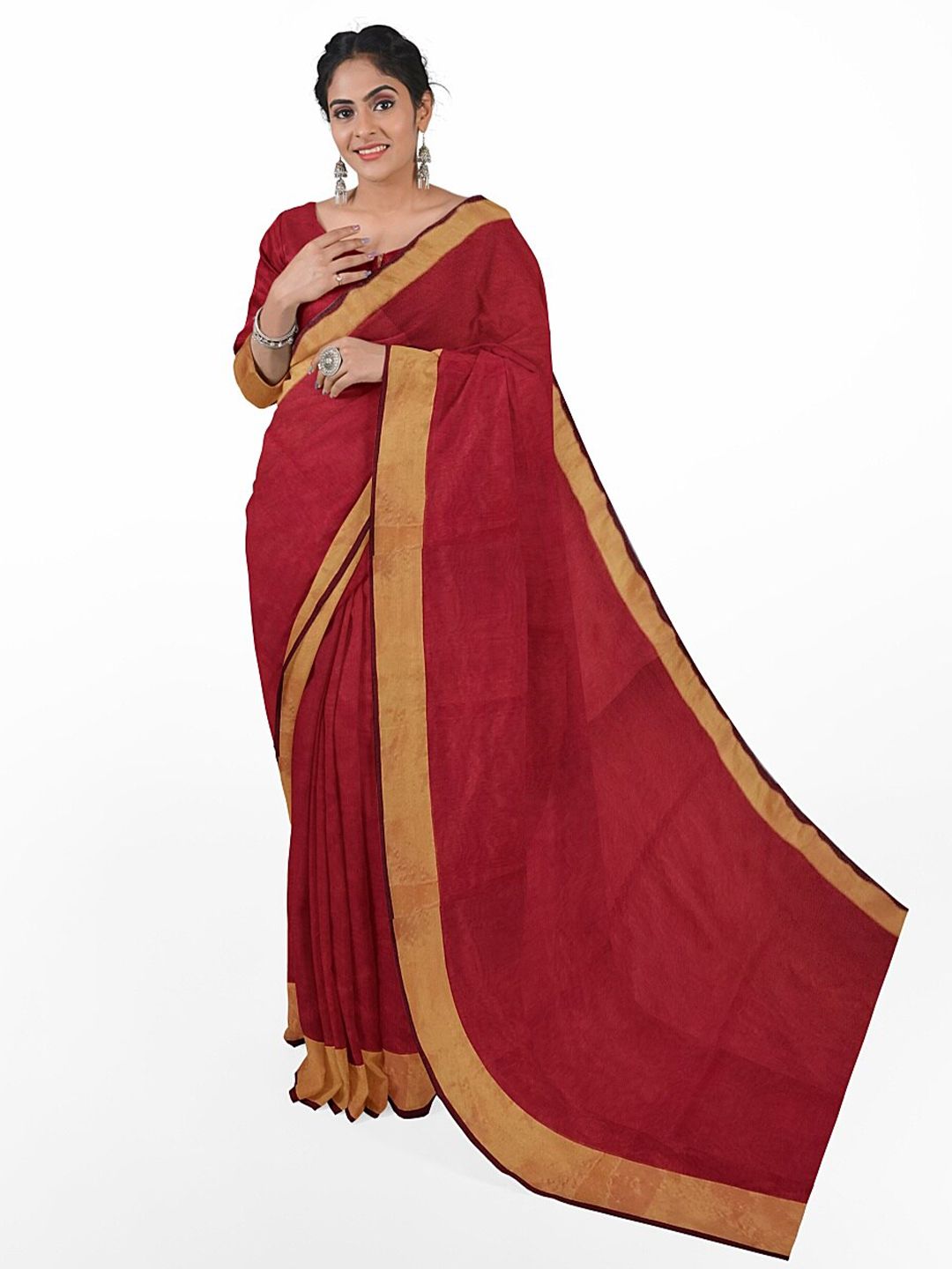 KALINI Red & Brown Silk Cotton Ready To Wear Sungudi Saree With Un-Stitched Blouse Price in India