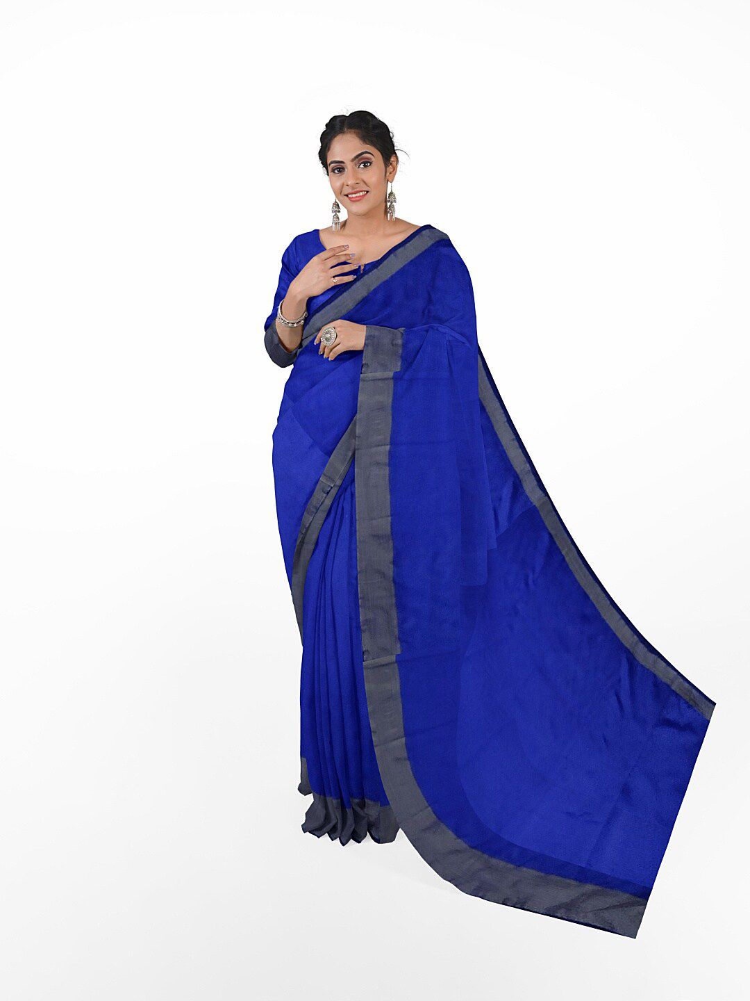 KALINI Blue & Grey Silk Cotton Ready To Wear Sungudi Saree With Un-Stitched Blouse Price in India