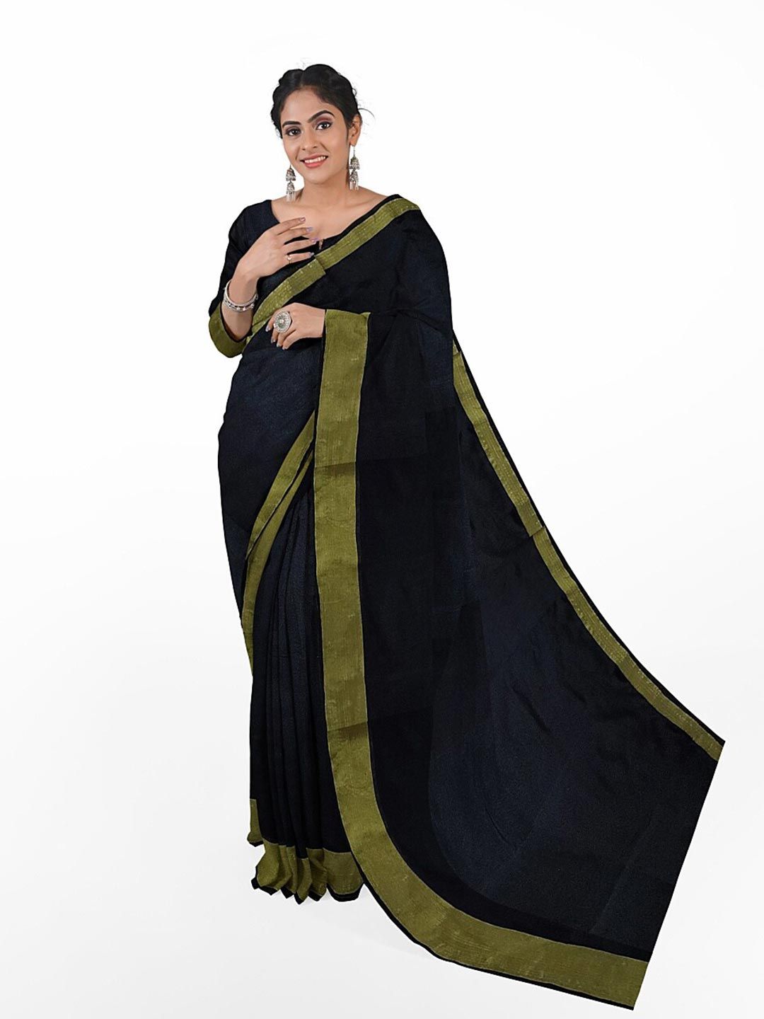 KALINI Black & Green Silk Cotton Ready To Wear Sungudi Saree With Un-Stitched Blouse Price in India