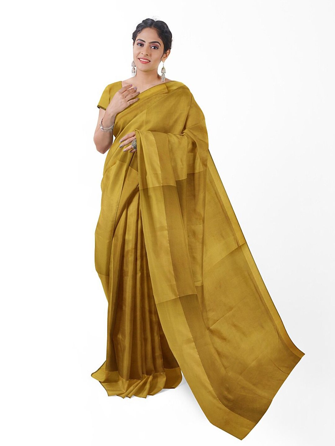 KALINI Gold-Toned Silk Cotton Ready To Wear Sungudi Saree With Un-Stitched Blouse Price in India