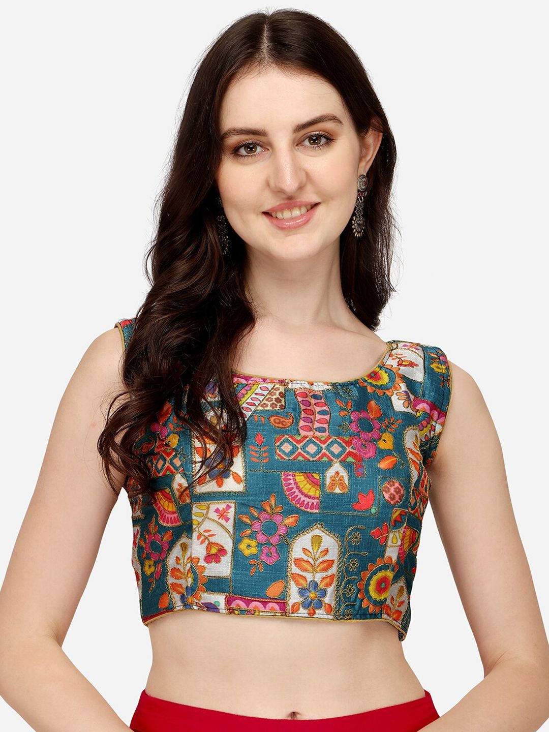 PUJIA MILLS Women Turquoise Blue Digital Printed Embroidered Saree Blouse Price in India