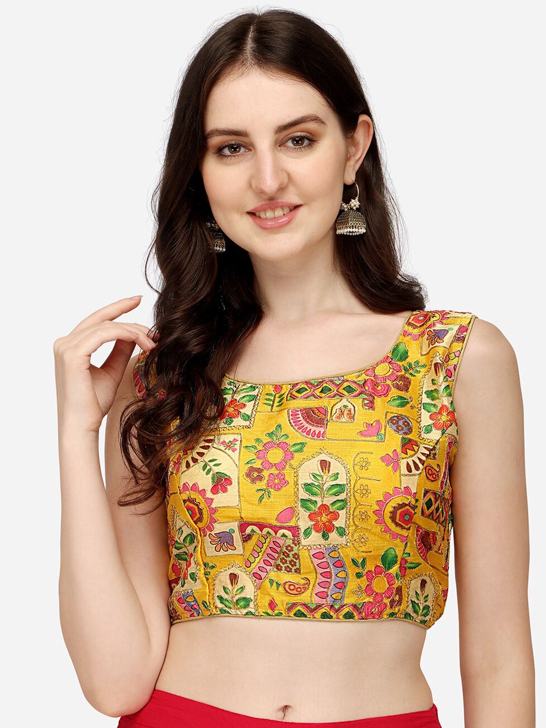 PUJIA MILLS Women Yellow Printed Embroidered Saree Blouse Price in India