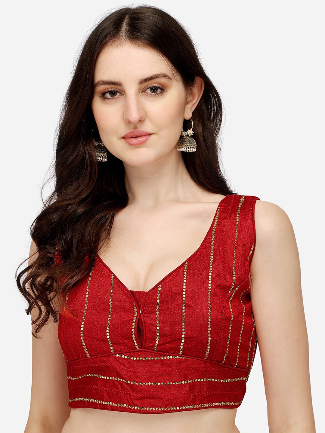 PUJIA MILLS Women Red Sequin Embellished Silk Saree Blouse Price in India