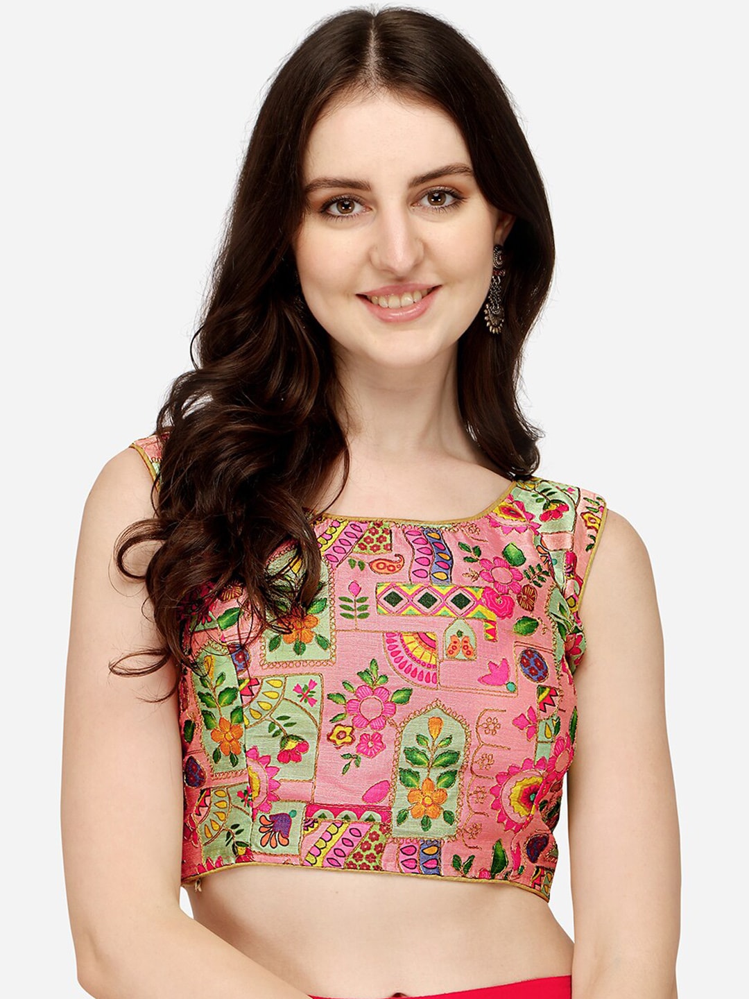 PUJIA MILLS Women Pink & Green Digital Printed Embroidered Saree Blouse Price in India