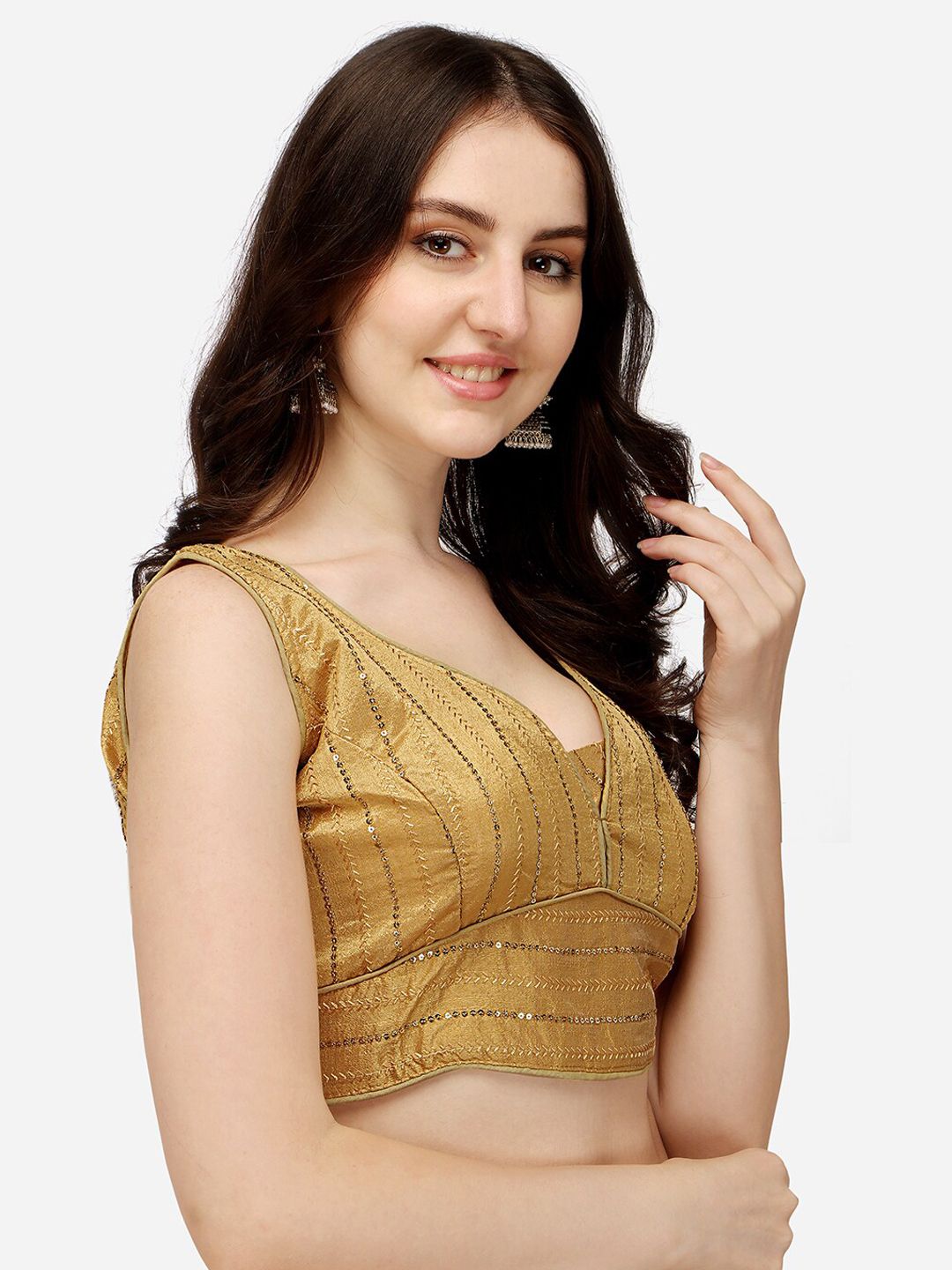 PUJIA MILLS Women Gold Coloured Embroidered Saree Blouse Price in India