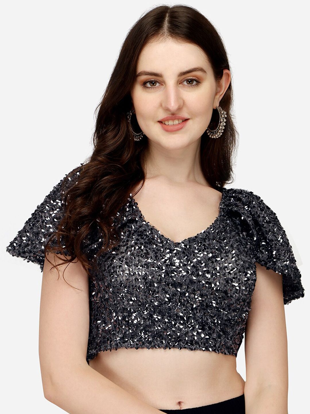 PUJIA MILLS Women Grey  Embroidered Sequinned Work Saree Blouse Price in India