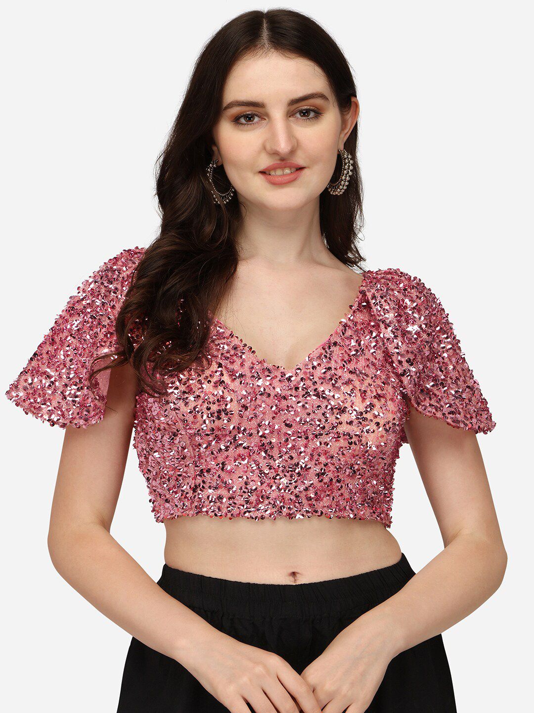 PUJIA MILLS Women Pink Sequence Work Saree Blouse Price in India