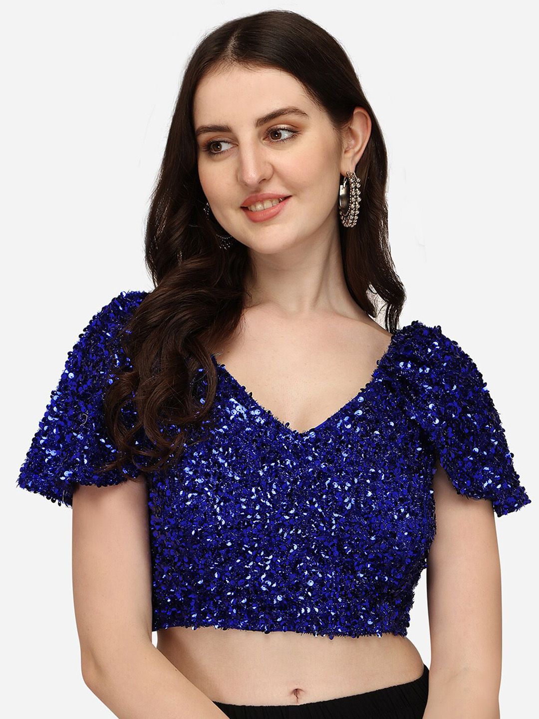 PUJIA MILLS Royal Blue Embellished Readymade Saree Blouse Price in India