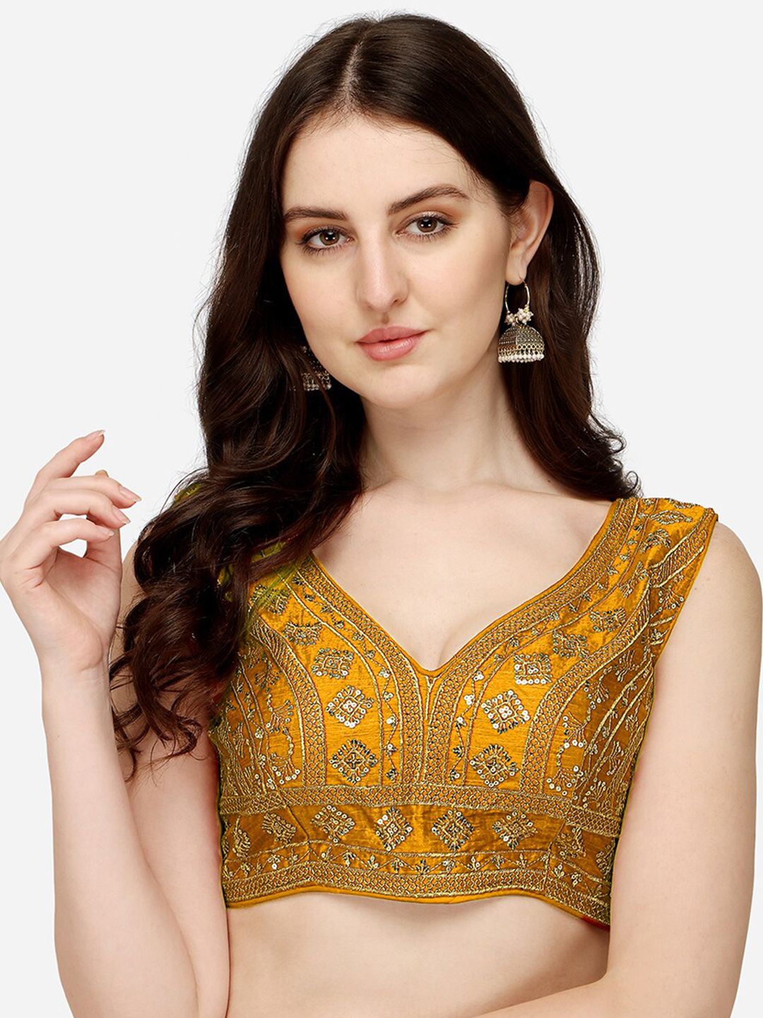 PUJIA MILLS Women Yellow Sequins Embroidered Readymade Saree Blouse Price in India