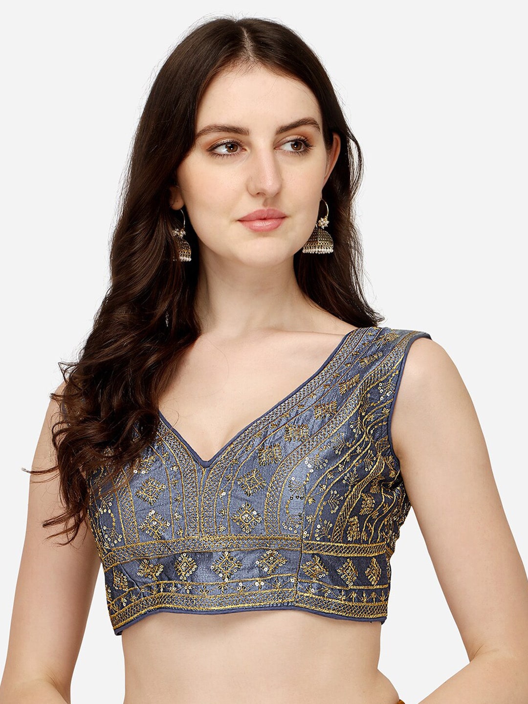 PUJIA MILLS Women Grey Sequin Embellished Silk Saree Blouse Price in India