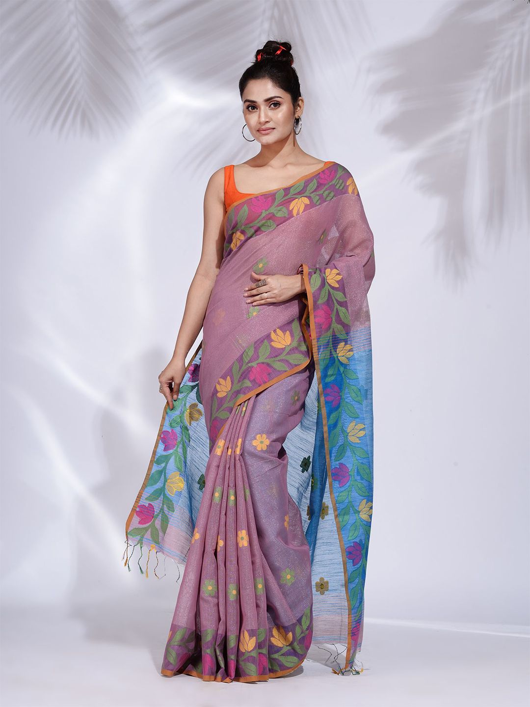 Charukriti Pink & Blue Floral Tissue Saree Price in India
