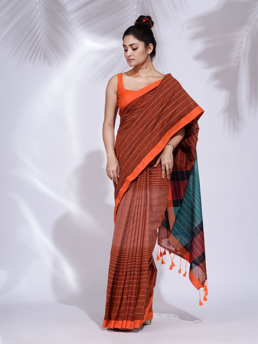 Charukriti Brown & Orange Striped Pure Cotton Saree Price in India