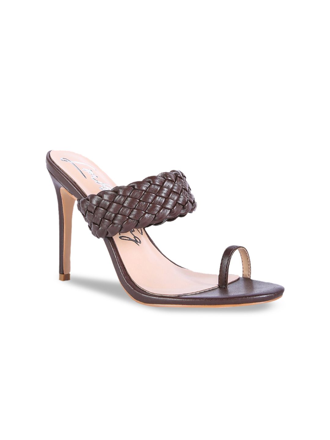London Rag Women Coffee Brown Embellished Woven Strap Toe Ring  PU Party Stiletto Sandals Price in India