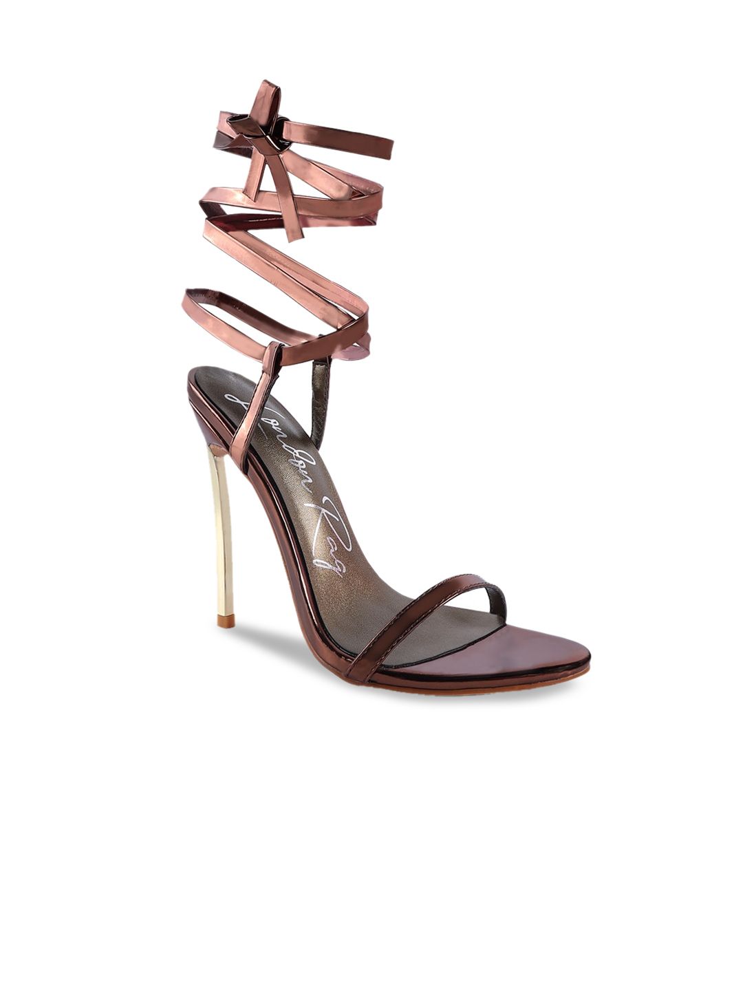 London Rag Bronze-Toned Striped PU Party Stiletto Sandals with Buckles Price in India