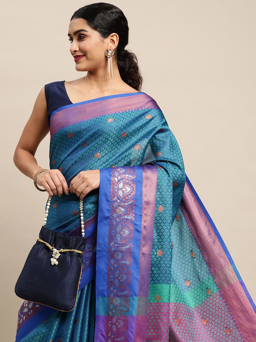 Pothys Blue Floral Jute Silk Saree Price in India