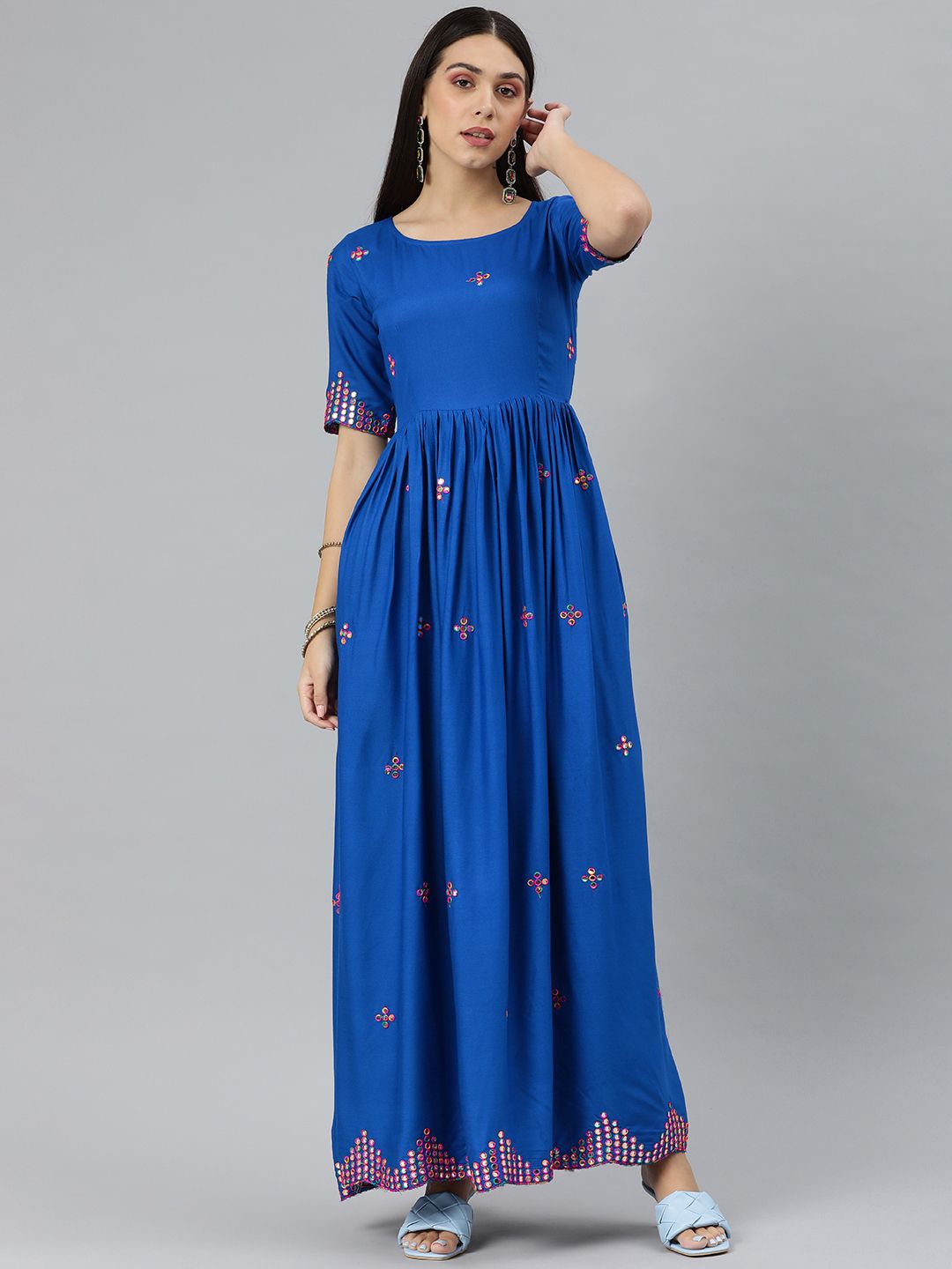 Swishchick Women Blue Mirror Work Maxi Dress Price in India