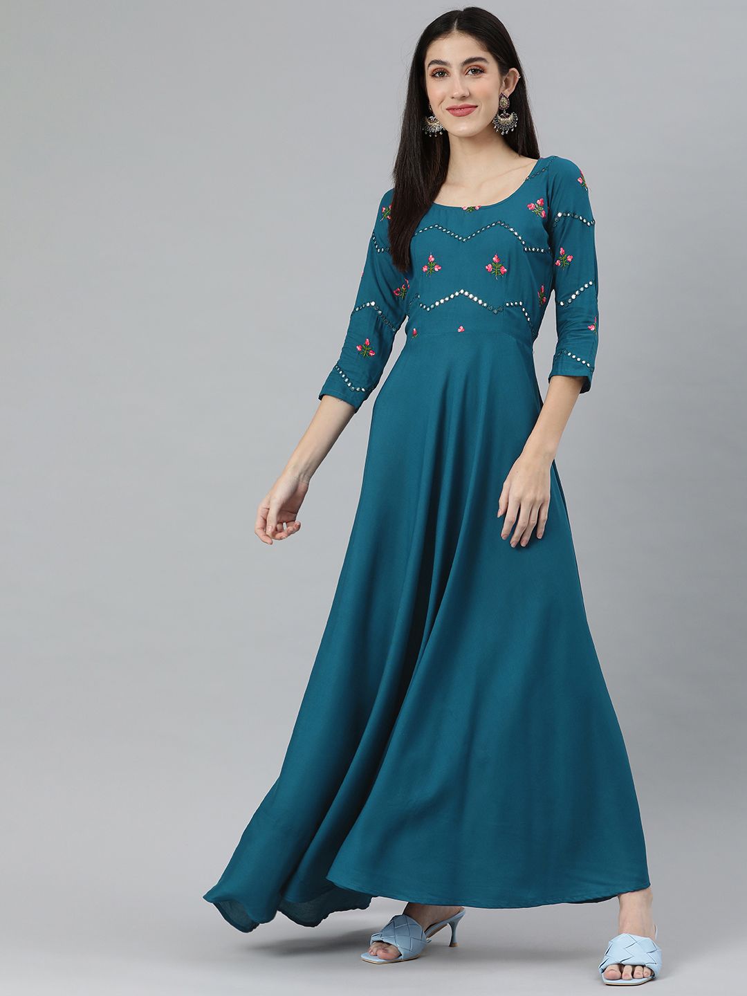 Swishchick Teal Blue Solid Ethnic Maxi Dress with Embroidered Detail Price in India