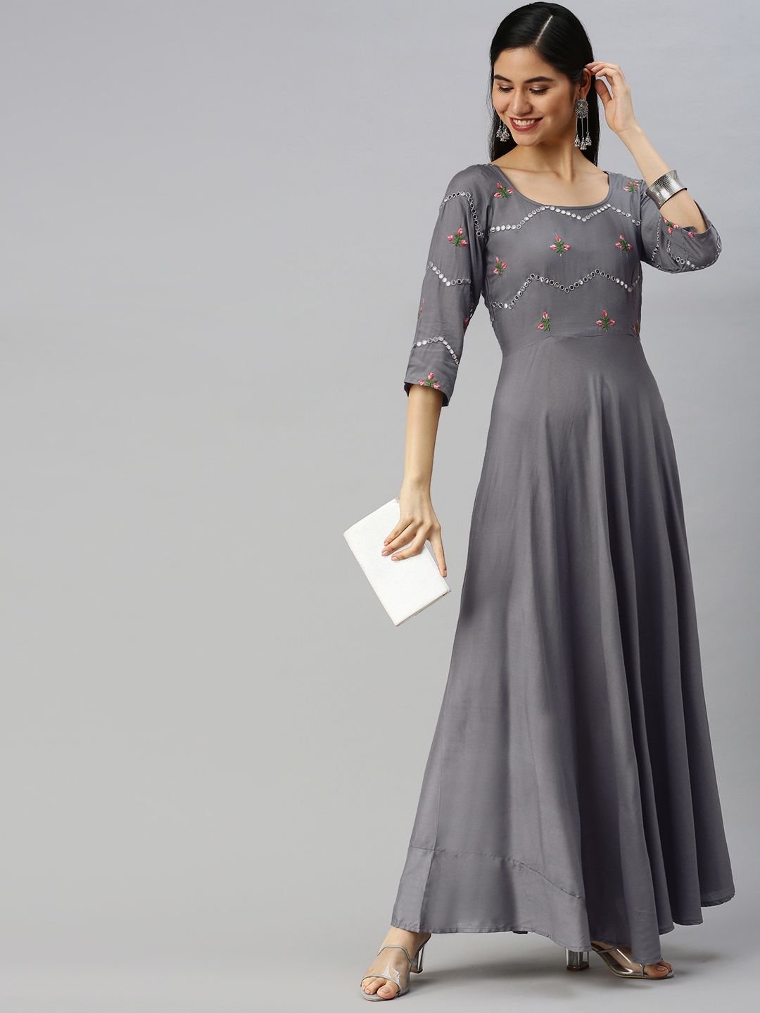 Swishchick Grey Ethnic Motifs Embroidered Maxi Ethnic Dress Price in India