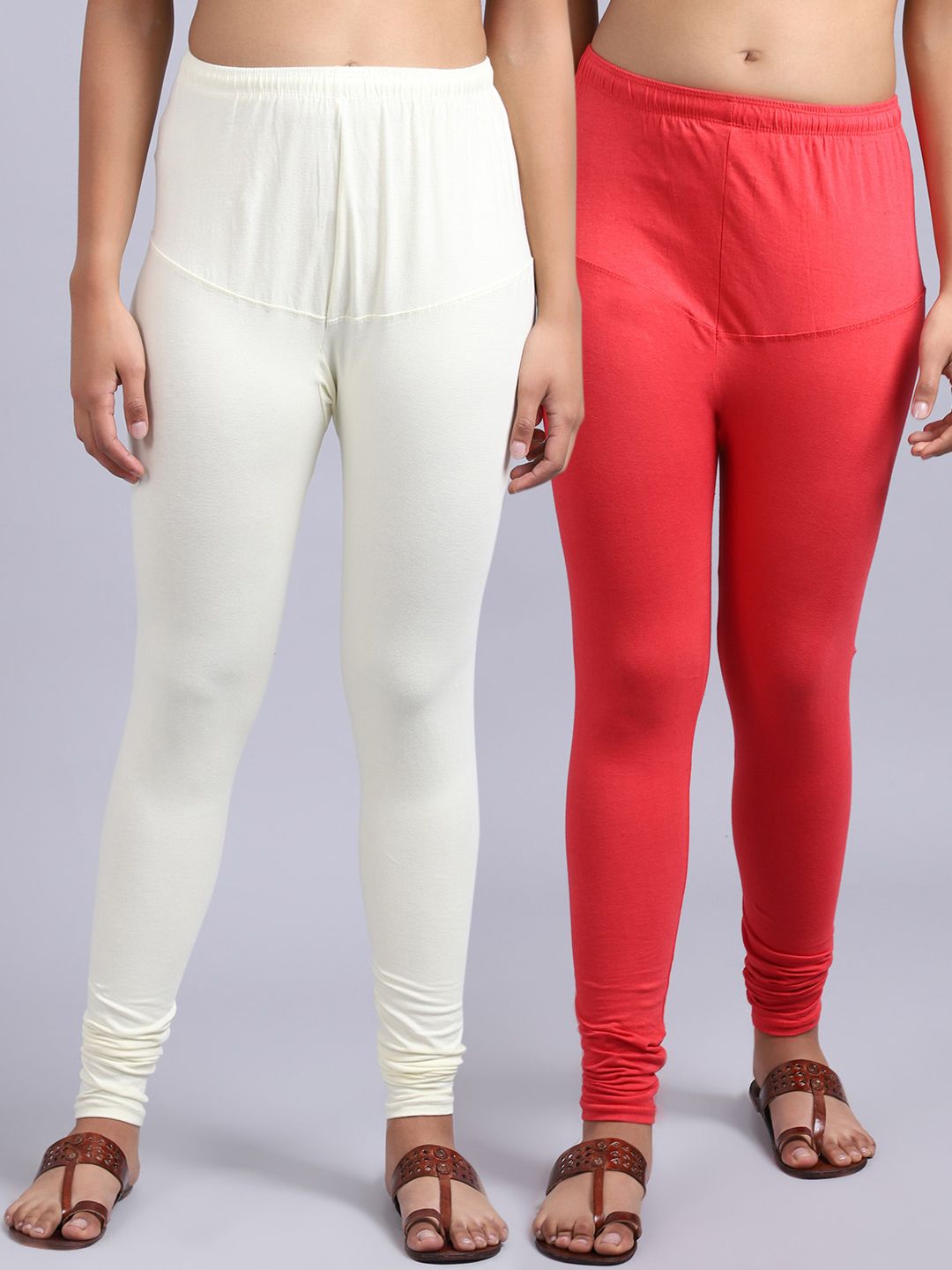 GRACIT Women Pack of 2 Peach & White Solid Ankle Length Leggings Price in India