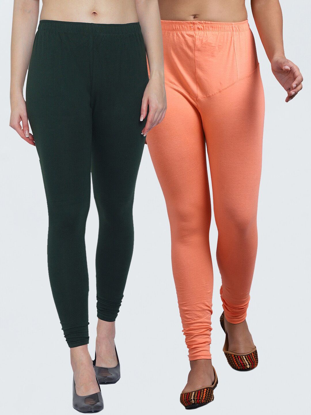 GRACIT Women Green & Peach Pack Of 2 Solid Churidar Length Leggings Price in India