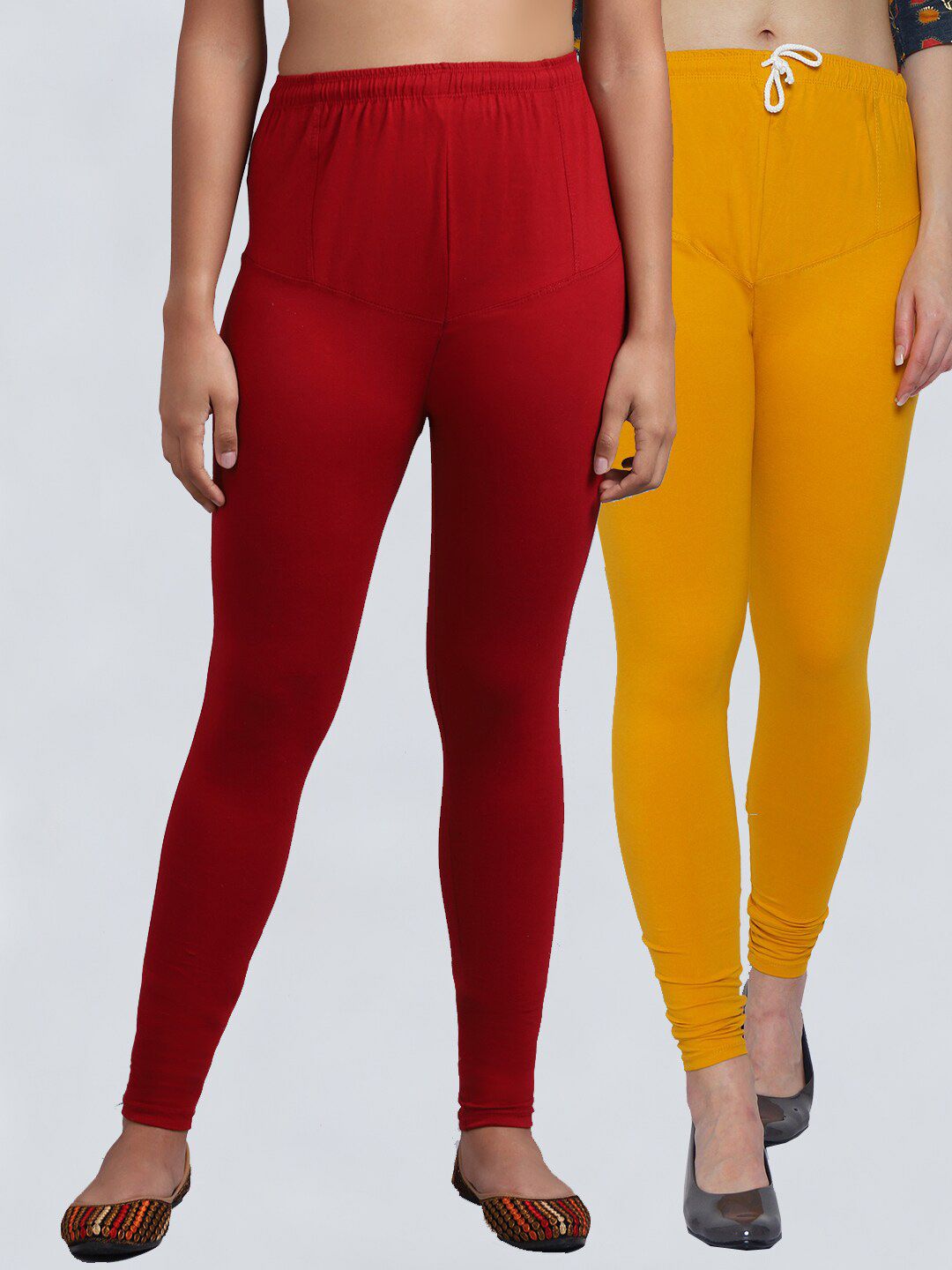 GRACIT Women Pack Of 2  Maroon & Yellow Solid Churidar-Length Leggings Price in India