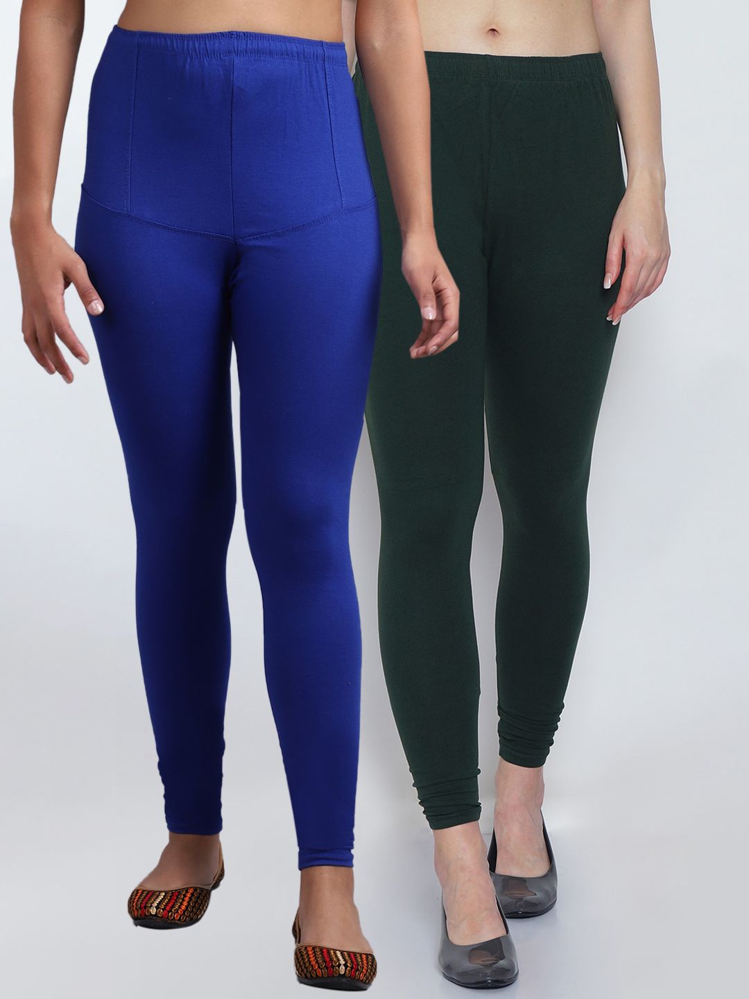 GRACIT Women Pack Of 2 Blue and Green Solid Churidar-Length Leggings Price in India